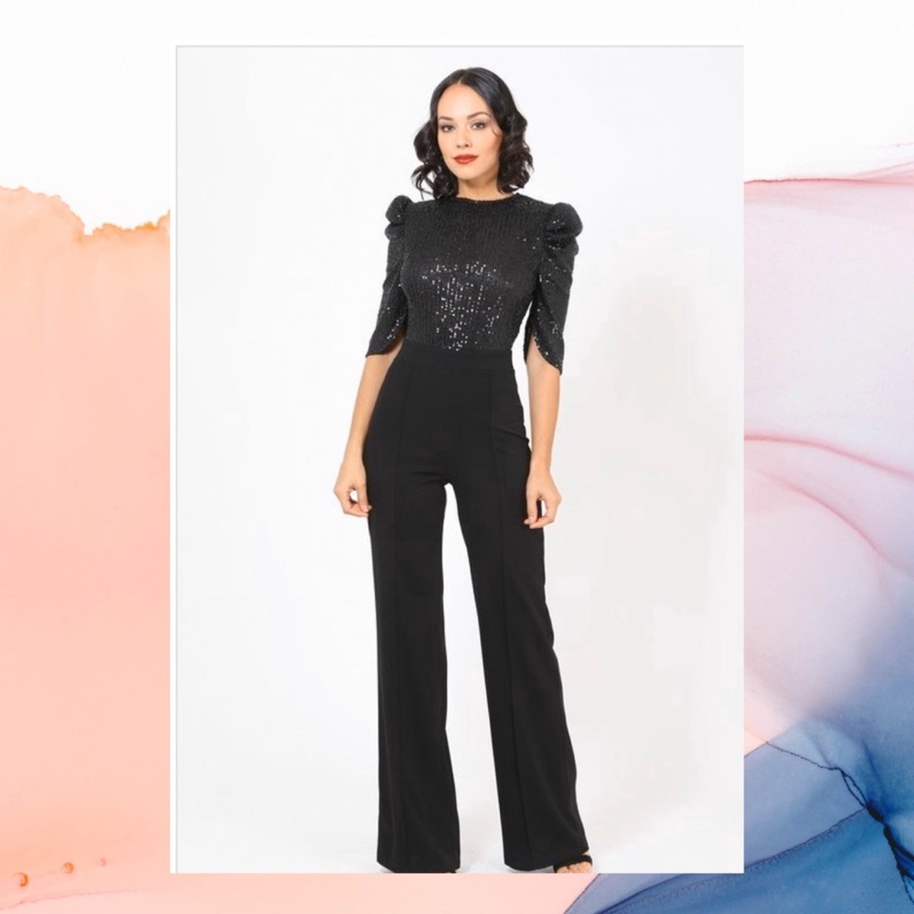 Black sequin top short sleeve jumpsuit